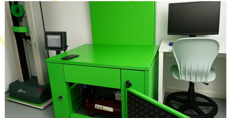 Cabina insonora verde con material absorbente